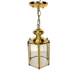 Vintage Brass & Glass Hexagon Regency Pendant Entryway Hanging Light Fixture